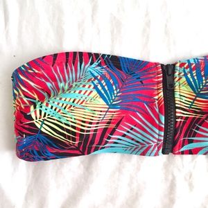 Colorful palm print zip-up bandeau bikini top